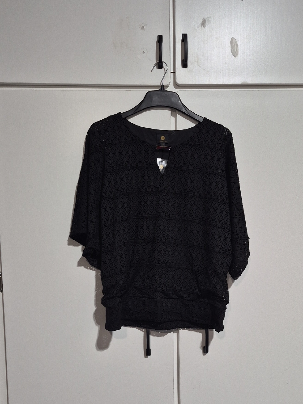 JM Collection Black Crochet-Style Dolman Tunic